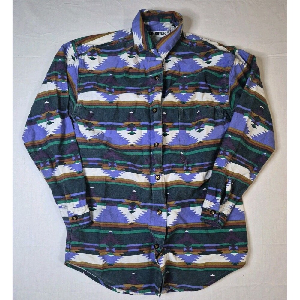 VTG Red Rover Shirt Womens Small Blue Aztec Button Up Long Sleeve Southwestern